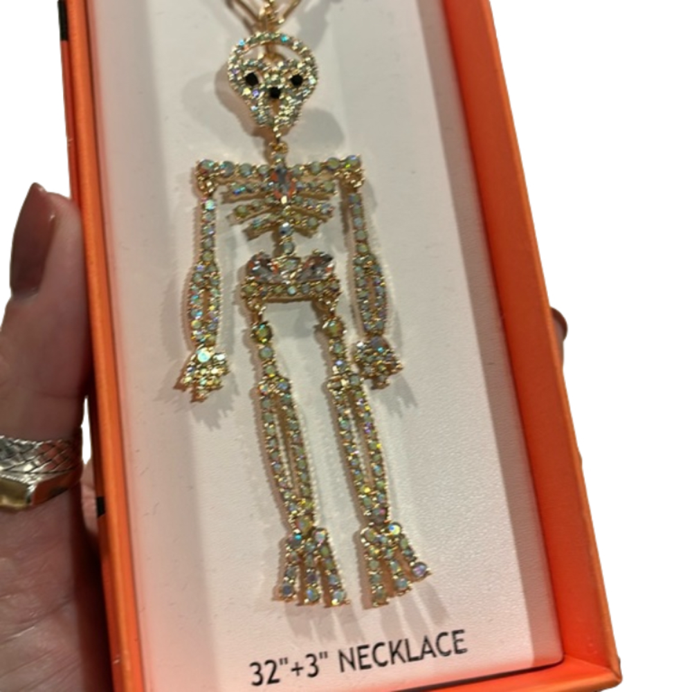 Skeleton rhinestone necklace by Piper K. Perfect for Halloween or anatomy class.